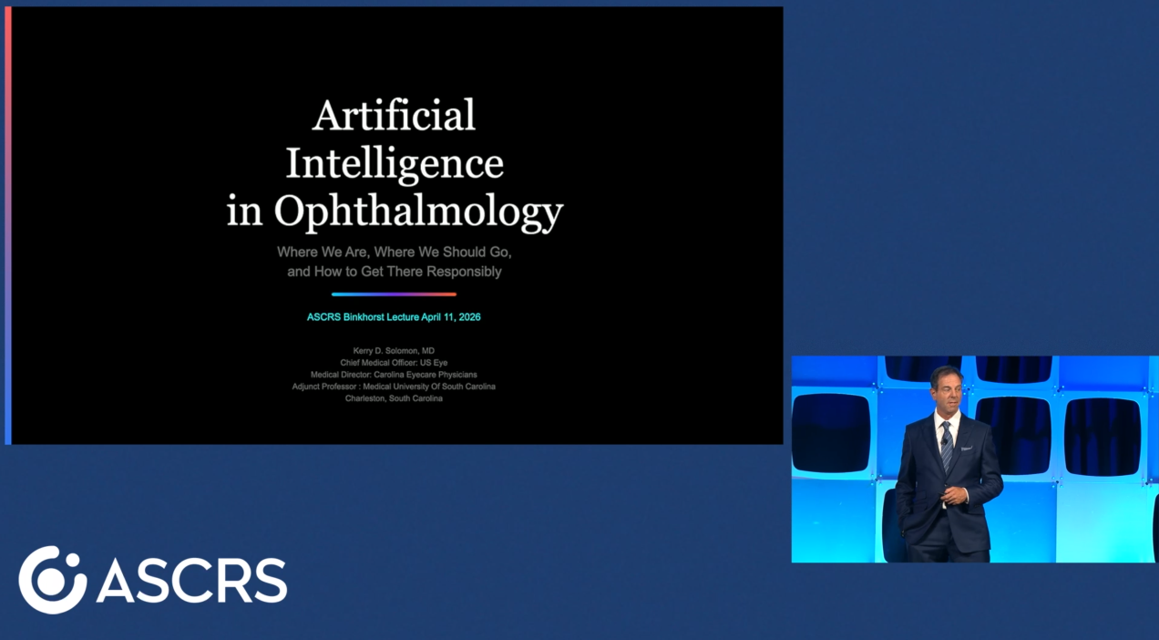 Dr. Kerry Solomon, Medical Director of Carolina Eyecare Physicians, delivering the ASCRS Binkhorst Lecture on AI in Ophthalmology.